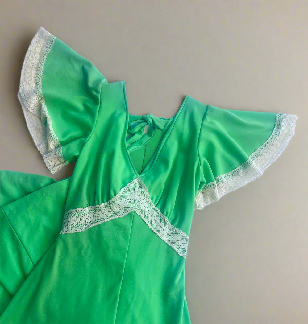 Vintage 1970's dress in lime green with white crochet lace trim